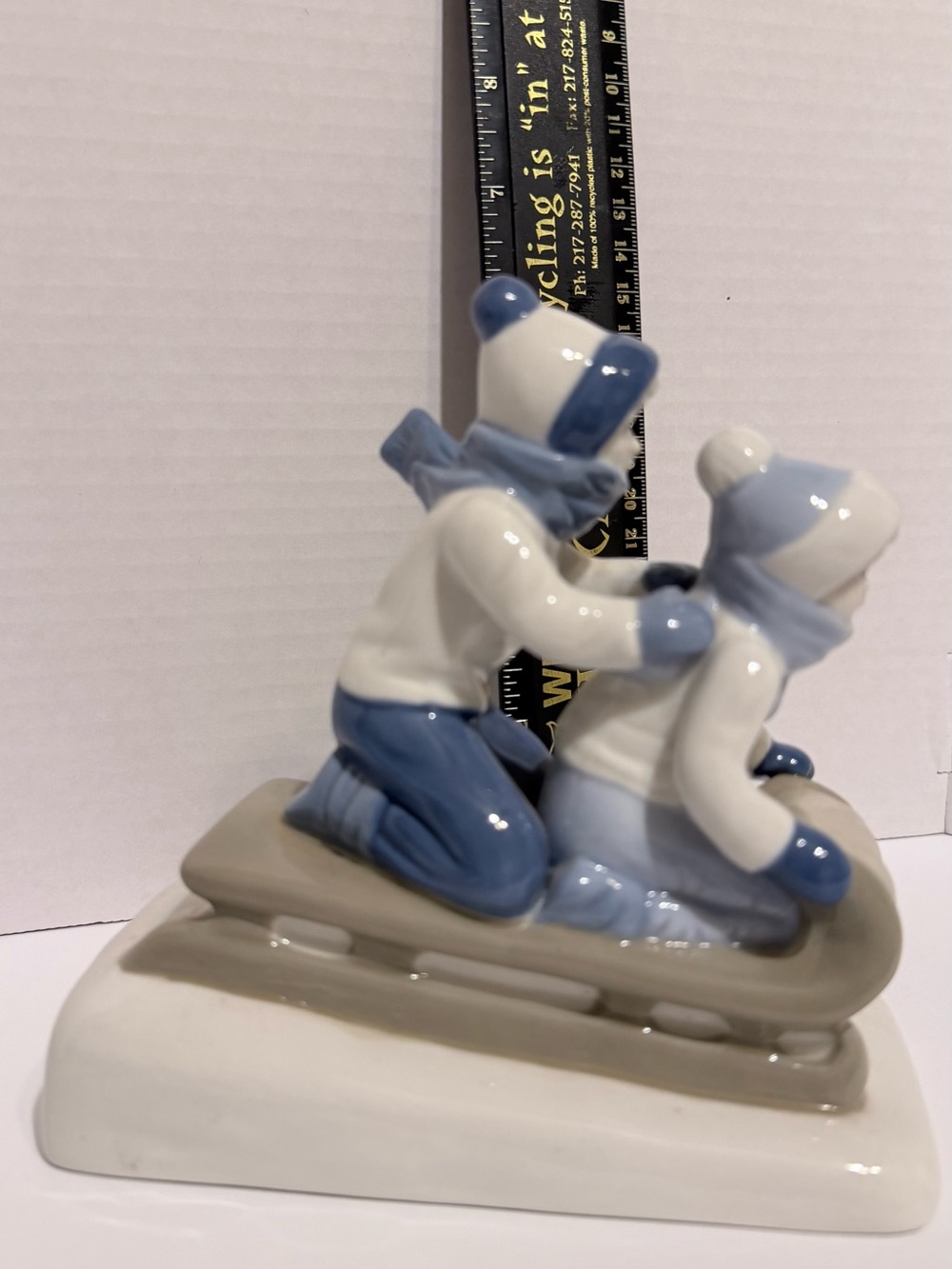 Blue and White Porcelain Children Sledding Figurine - Home Art